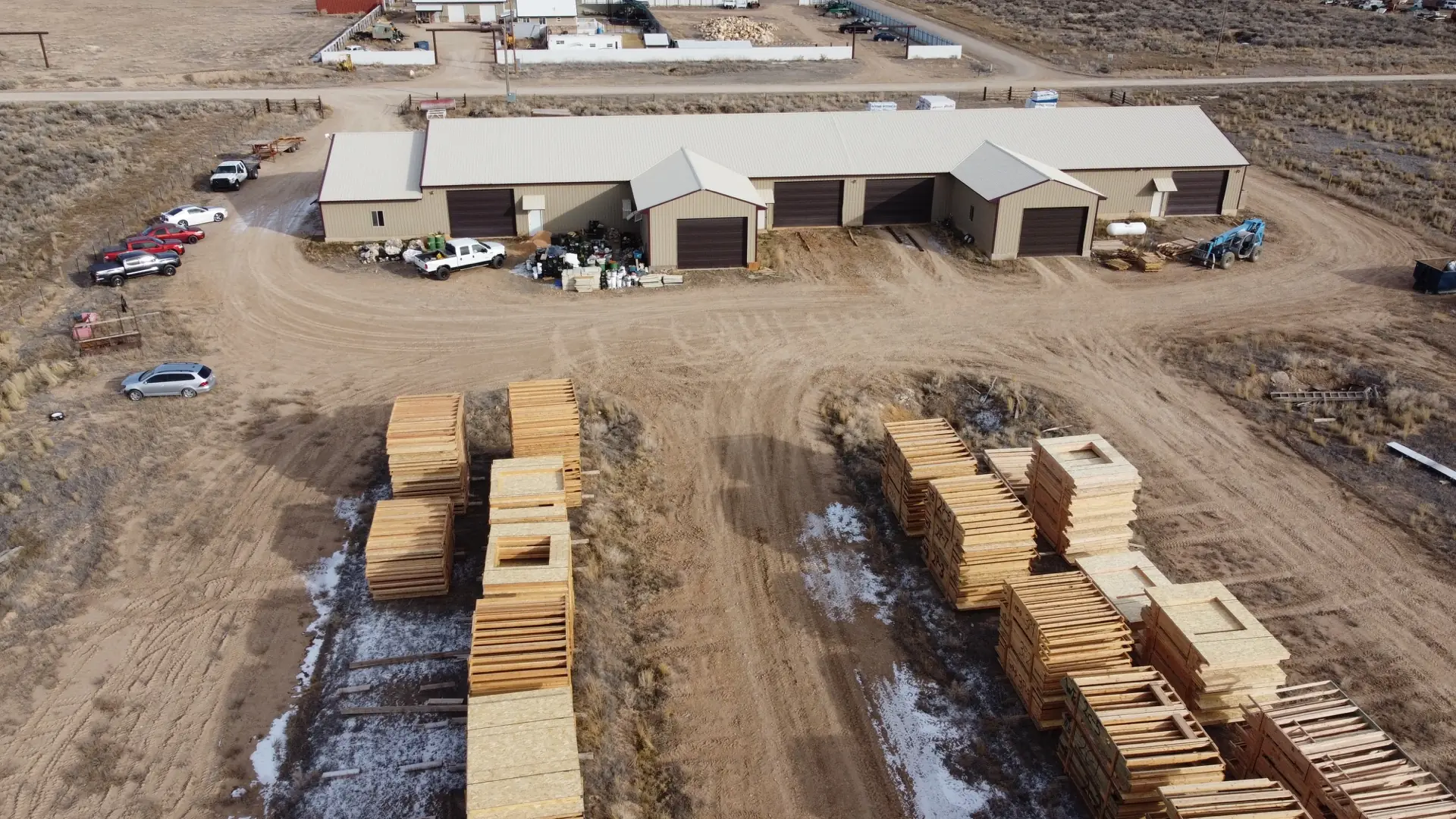 Aerial view of Maple Canyon Builders facility with prefabricated building kits